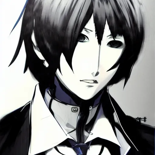 Image similar to Portrait of Makoto Yuki from Persona 3, in the art style of Yoji Shinkawa, trending on Art Station, highly detailed, concept art, great composition