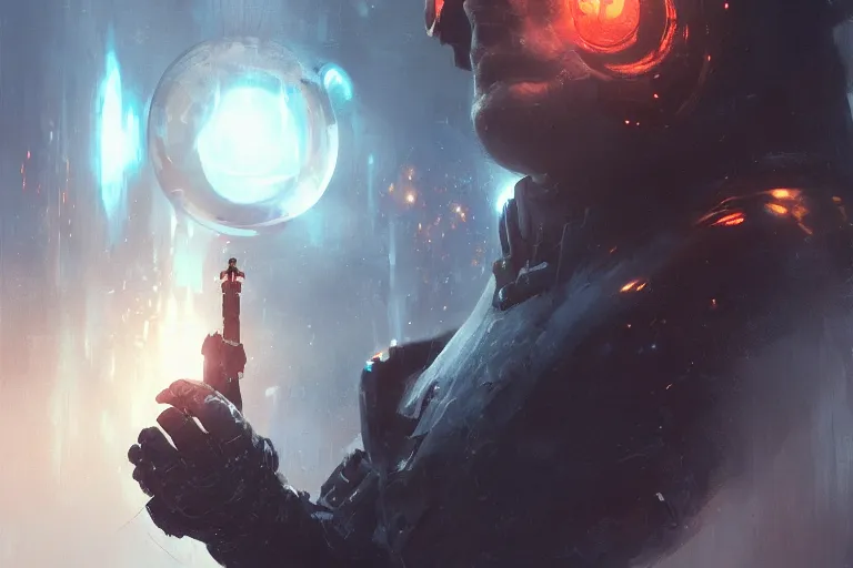 Prompt: portrait sci-fi art by Greg Rutkowski and Ruan Jia, a man holding out his hand above which floats a glowing alien bubble, futuristic environment, detailed and intricate environment, high technology, highly detailed portrait, digital painting, artstation, concept art, smooth, sharp foccus, ilustration, Artstation HQ