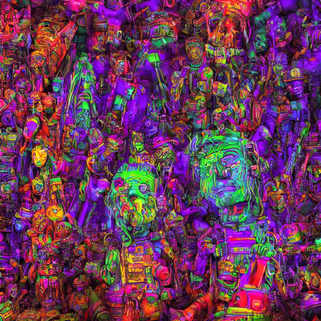 Prompt: psychedelic totems of rebellion in the cyber world, 16K ultra-realistic 3D, crying engine