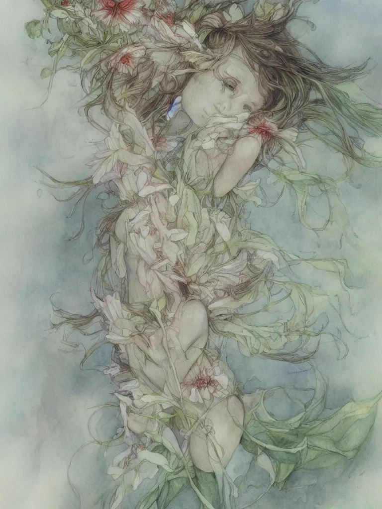 Image similar to study of a flower fairy, illustration, watercolor, alan lee, detailed, pretty, ethereal, realistic, artstation,