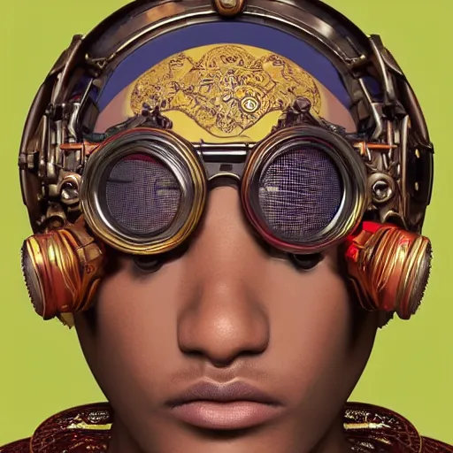 Image similar to colourful vfx upper half - portrait - art of a nigerian boywearing steam punk goggles, art by utagawa kunisada, james jean & alphonse mucha, symmetrical, intricate detail, concept art, volumetric light, ray tracing, caricature, digital illustration, octane 3 d render, unreal engine, sharp, pinterest, behance, art station,