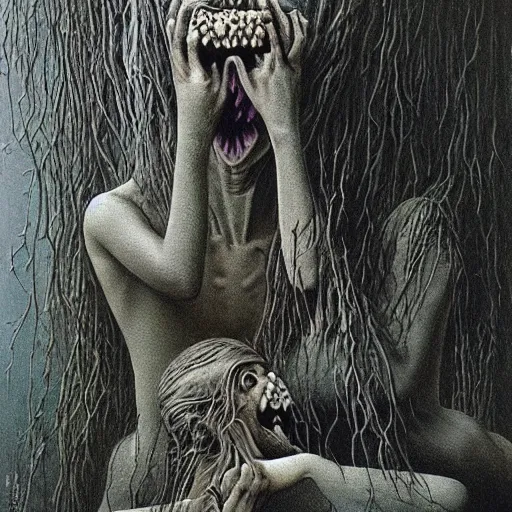 Image similar to horrifying creatures devouring humans painting by Zdzisław Beksiński