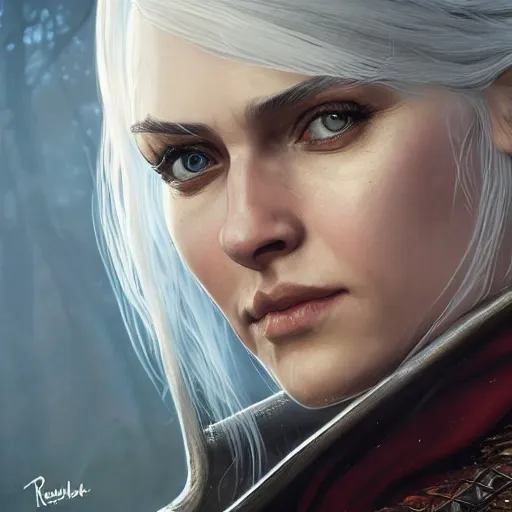 Image similar to closeup of Cirilla from The Witcher 3, D&D, fantasy, intricate, elegant, highly detailed, digital painting, artstation, concept art, matte, sharp focus, illustration, hearthstone, art by Artgerm and Greg Rutkowski and Alphonse Mucha