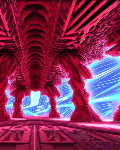 Prompt: futuristic sci fi exterior greeble textured obelisk structures made out of red mandelbulb fractal energy on the nuclear reactor unreal engine volumetric lighting subsurface scattering