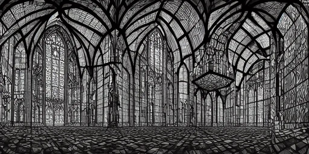 Prompt: illustration depicting stained glass windows into infinity, surreal architecture, ambient occlusion, inverted, extremely detailed photorealism
