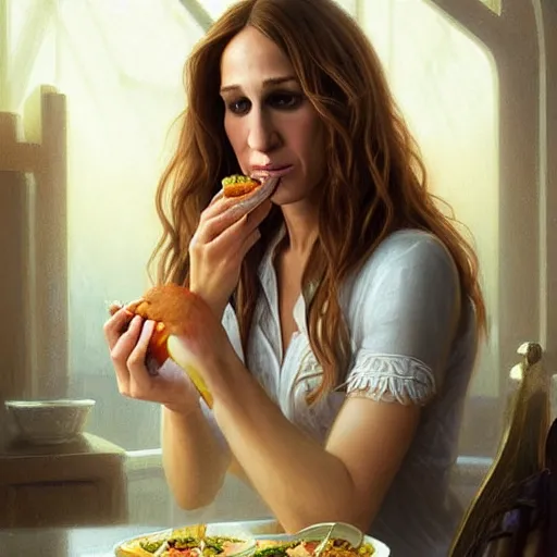 Image similar to portrait of Sarah Jessica Parker eating hamburgers, extra onions and ketchup, luscious patty with sesame seeds, feminine ethereal, handsome, D&D, fantasy, intricate, elegant, highly detailed, digital painting, artstation, concept art, matte, sharp focus, illustration, art by Artgerm and Greg Rutkowski and Alphonse Mucha