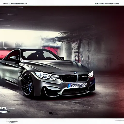 Image similar to BMW M4, poster, very detailed, cinematic lighting, matte, sharp, photography, art by enki bilal,