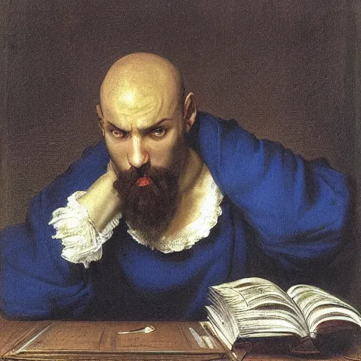 Prompt: A library lit by a computer monitor with a young bald man with medium length brown beard and vibrant blue eyes sitting with gloom and depression by Jan Matejko. Dark.