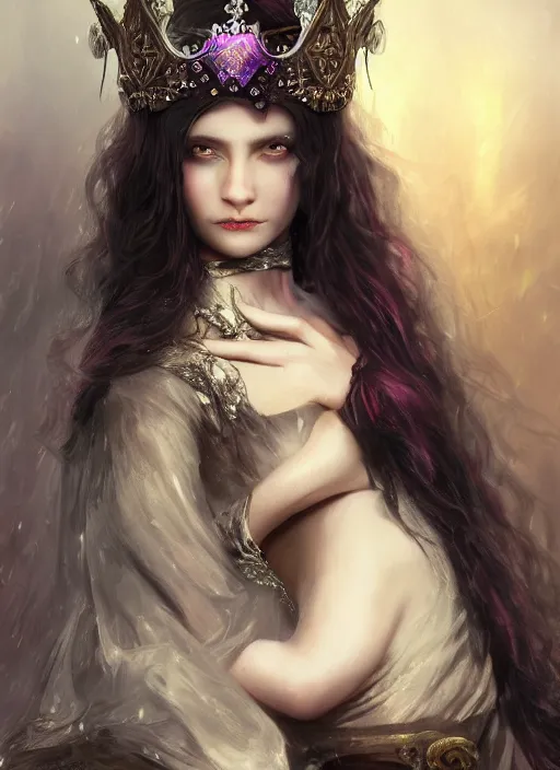 Image similar to mysterious beautiful Victorian vampire princess with long hair and a jeweled crown, fantasy, medieval, vivid colors, fantasy, elegant, concept art, sharp focus, beautiful face!!, digital art, Hyper-realistic, 4K, Unreal Engine, Highly Detailed, HD, Dramatic Lighting by Brom, trending on Artstation