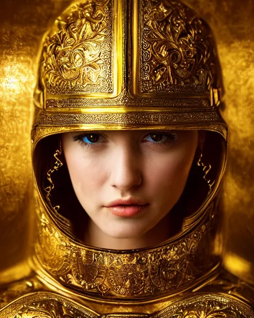 Image similar to fresco portrait of woman in shining golden armor, high production value, intricate details, high resolution, hdr, high definition, masterpiece, realistic, ultrarealistic, highly detailed, hd, sharp focus, non blurry, sharp, smooth