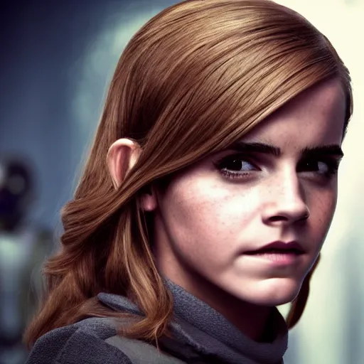 Image similar to Emma Watson in Star Wars, XF IQ4, 150MP, 50mm, f/1.4, ISO 200, 1/160s, natural light, Adobe Photoshop, Adobe Lightroom, DxO Photolab, Corel PaintShop Pro, rule of thirds, symmetrical balance, depth layering, polarizing filter, Sense of Depth, AI enhanced, HDR, crisp