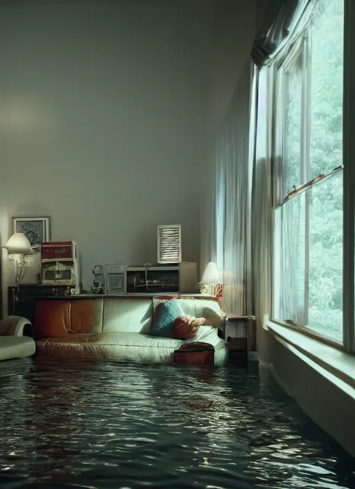 Image similar to kodak portra 4 0 0 photographic and realistic, 8 0 s living room, detailed, octane render, 4 k, hyper realistic, floor flooded, how river, wide angle, 2 8 mm, sharp focus, soft light, volumetric light fog, in the style of gregory crewdson