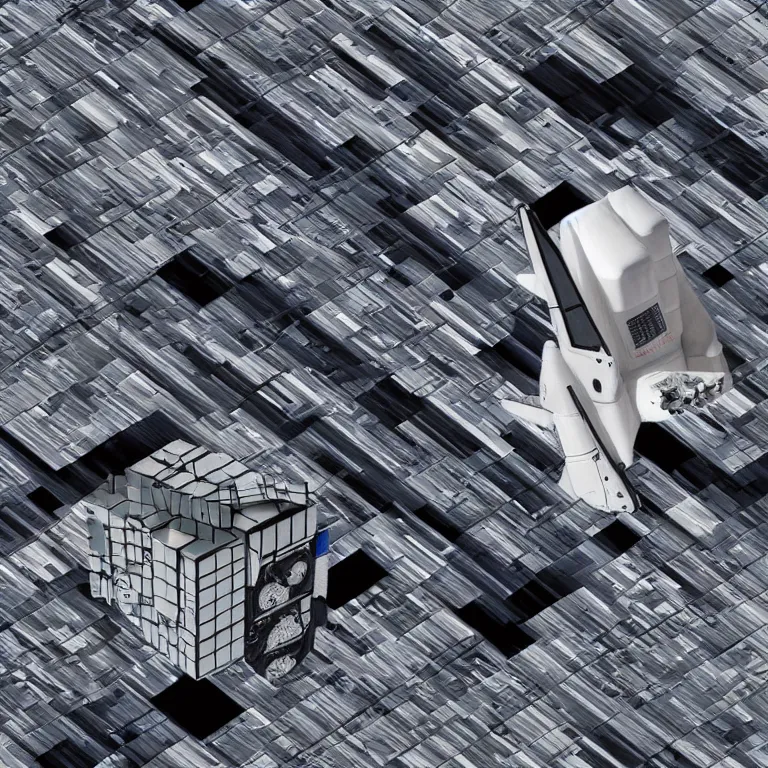 Image similar to “space shuttle turned into an MC Escher Rubik’s cube, high-def 3D render, 4k hD, scifi concept art, confusing perspective”