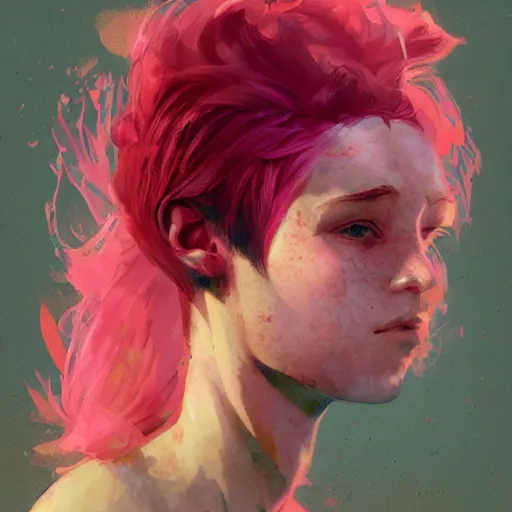 Image similar to Portrait of a tomboy with pink hair, glowing skin, fantasy, by Greg Rutkowski and Dave McKean, pink and gold color palette