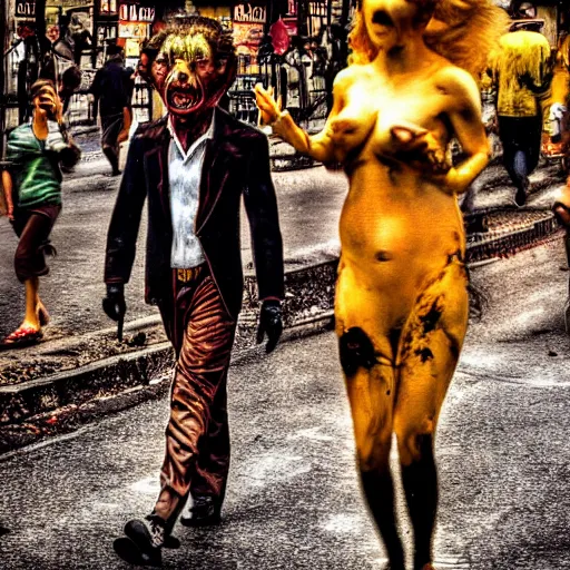 Image similar to men and women captured by evil walking the streets. footage of terrifying disfigured people roaming dark streets, very gory hyperrealistic vivid horror. photographed by dr seuss on instagram in full colour hd hdlr photography by national geographic