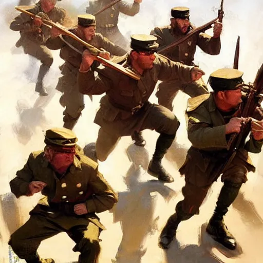 Prompt: greg manchess painting of a group of men charging at the enemy wearing military uniform, painting, trending on artstation, by huang guangjian and gil elvgren and sachin teng