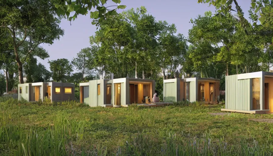 Image similar to An architectural rending of an eco-community neighborhood of innovative contemporary 3D printed sea ranch style cabins with rounded corners and angles, beveled edges, made of cement and concrete, organic architecture, in a lush green eco community with side walks, parks and public space , Designed by Gucci and Wes Anderson, golden hour