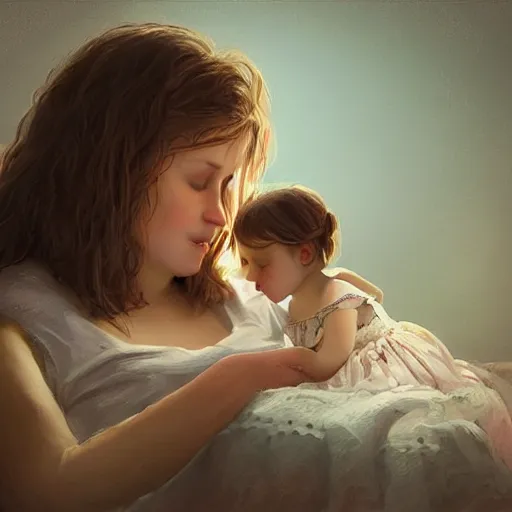 Prompt: a mother singing lullabies to a cute sleepy girl by Victor Nizotsev, highly detailed, trending on artstation