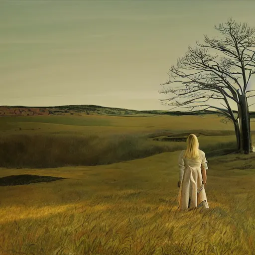 Prompt: Elle Fanning in the painted world of Prospect, head and shoulders masterpiece, apocalypse, golden hour, cosmic horror, artstation, in the style of Andrew Wyeth and Edward Hopper and Bosch, extremely detailed