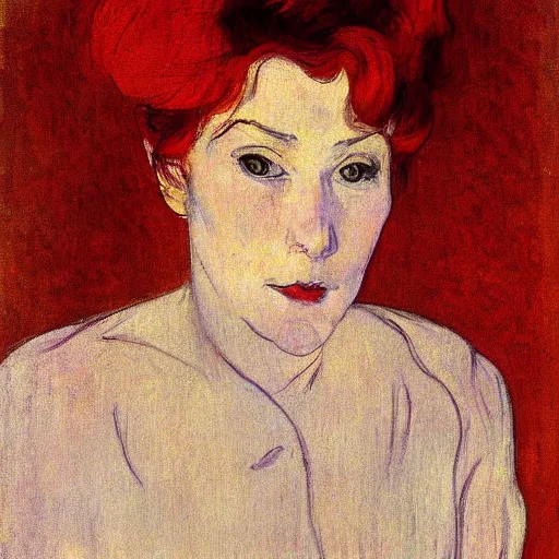 Prompt: portrait of a woman, oilpaint, red hair, henry de toulouse lautrec