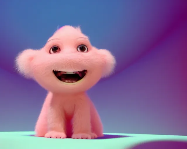 Image similar to 3D Pixar movie animation render of the cutest little pink fluffy creature with a big lovely grin smile sweet adorable cherub, octane render, pastel colors, soft clouds and soft gradient background