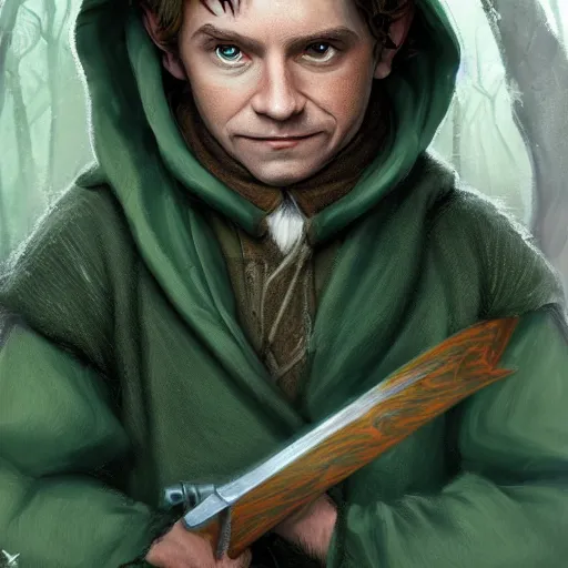 Prompt: a portrait of a hobbit rogue wearing a dark green hood and a cloak in the forest, wearing adventure gear, holding a sword, ultra realistic, detailed, masterpiece, short brown hair, clean shaven, by Tony Sart and Randy Vargas, trending on ArtStation