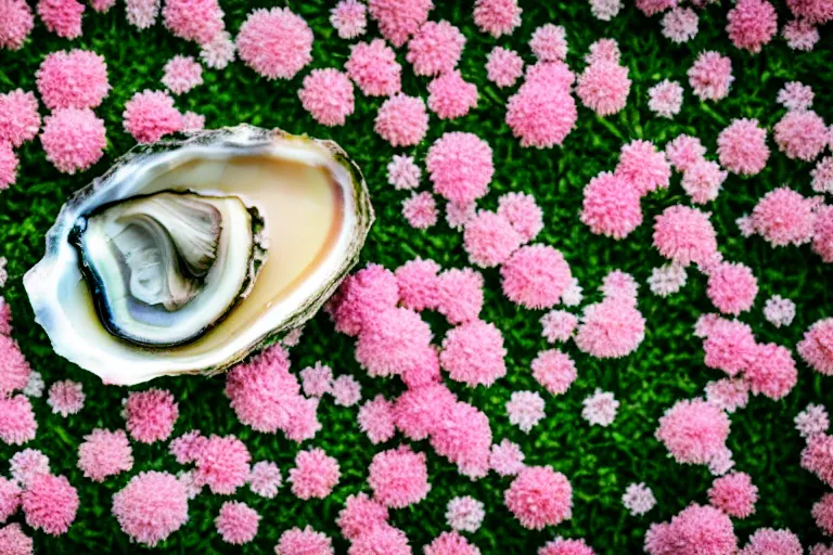 Prompt: a romantic dlsr photoportrait of the very beautiful oyster in the field of flowers. pastel colors, blurred background. sharp focus on the oyster, 5 0 mm lens, professional light, aerial shot from the drone