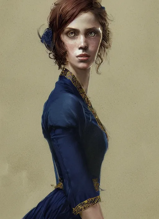 Image similar to portrait of a woman with green eyes and freckles, dressed in a navy blue gown with gold embroidered details, auburn hair, detailed face, fantasy, highly detailed, cinematic lighting, digital art painting by greg rutkowski