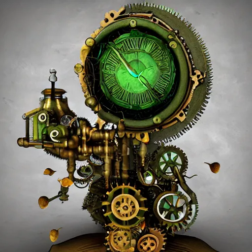 Image similar to steampunk device covered by ornamental green mold and mushrooms, fractal, manderblot, detailed, hyperrealistic, raytrace,