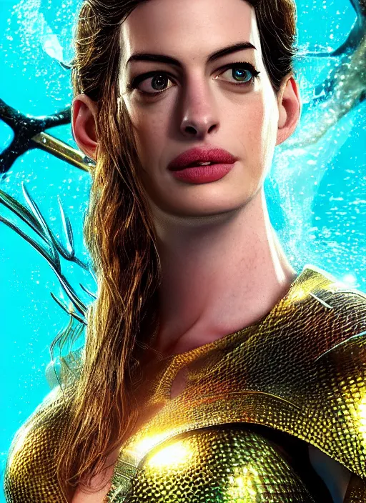 Prompt: anne hathaway as aquaman, au naturel, hyper detailed, digital art, trending in artstation, cinematic lighting, studio quality, smooth render, unreal engine 5 rendered, octane rendered