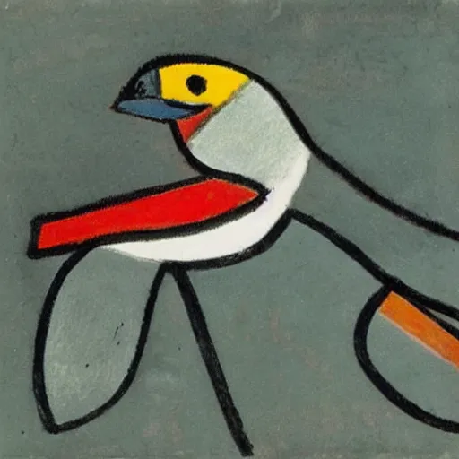 Prompt: isometric scheme of a sparrow, drawn by a child, juan miro, pablo picasso, museum artifact