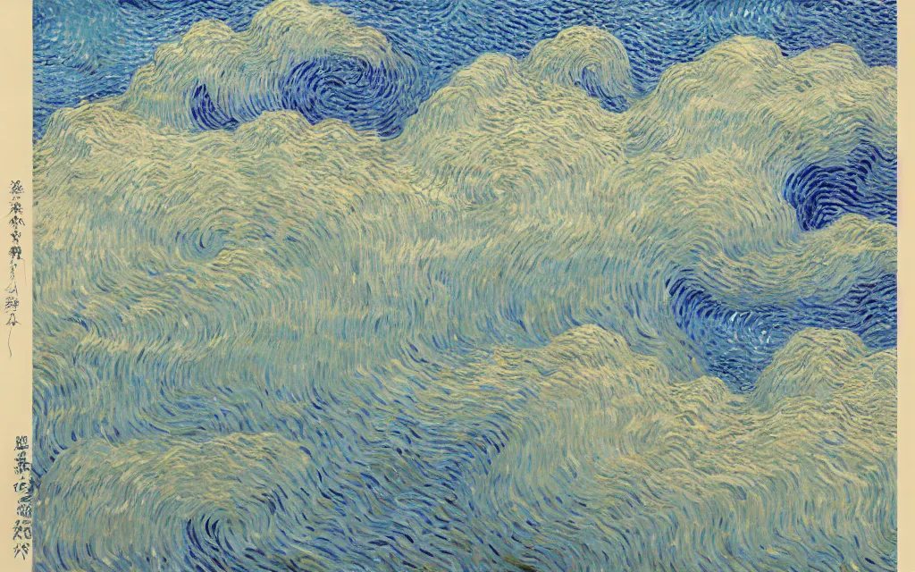 Image similar to a beautiful quiet park in fukuoka, fractal waves. japanese embroidery. retro minimalist art by jean giraud and van gogh.