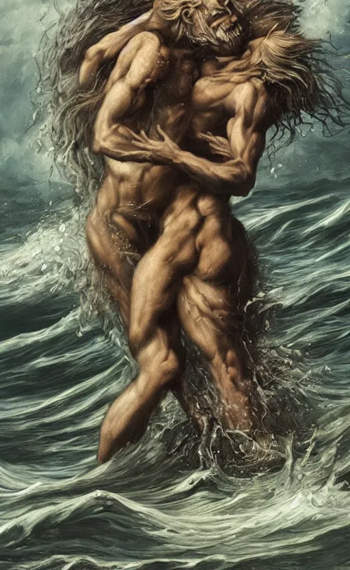 Prompt: amazing detailed intricate beautiful painting of two scary werewolves in a passionate embrace in a turbulent ocean, by francis bacon. hd. hq. trending on artstation