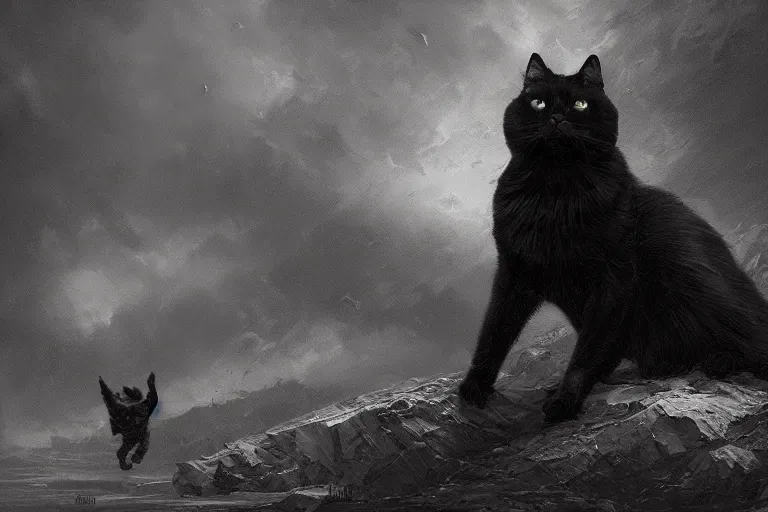 Prompt: artstation concept of a black cat as a dark lord fighting a battle against humans, war background, battle of the ages, hyperdetailed, artstation trending, world renowned artists, worth1000.com, historic artworks society, antique renewel, cgsociety, by greg rutkowski, by Gustave Dore, Deviantart