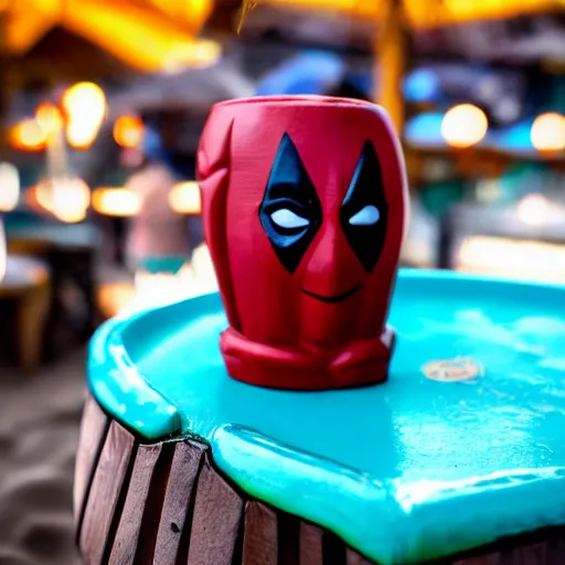 Image similar to a closeup photorealistic photograph of a deadpool style tiki mug sitting at a trader vic's beach bar featuring the face of deadpool. tiki party. bright scene. fine detail. this 4 k hd image is trending on artstation, featured on behance, well - rendered, extra crisp, features intricate detail, epic composition and the style of unreal engine.