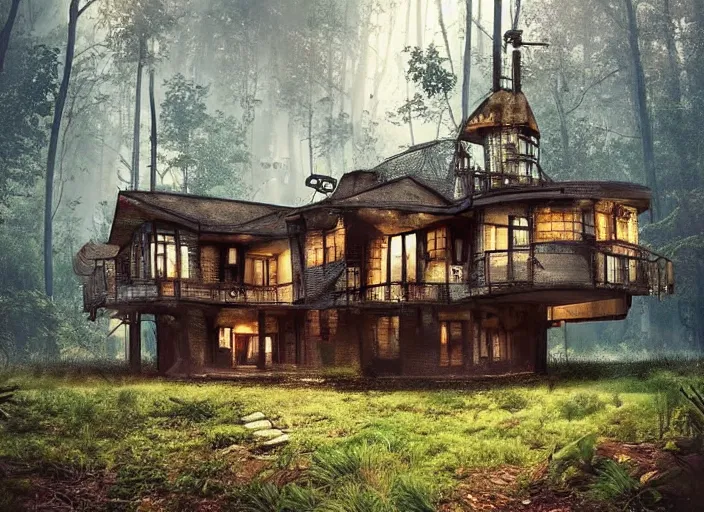 Prompt: house in a clearing in the middle of a large forest, beautifully lit, retro science fiction vintage art, steampunk