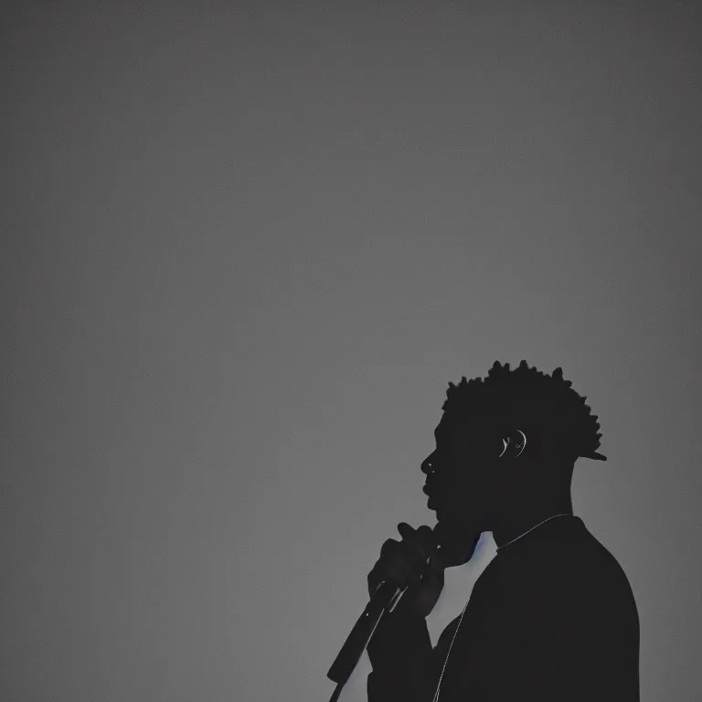 Prompt: silhouette of rapper rapping, holding microphone, profile view, distinct, 4k