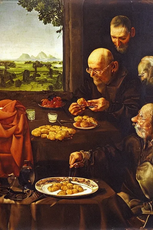 Image similar to mi grandfather eating croquettes, renaissance oil painting, dark environment