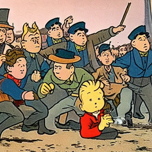 Image similar to Tintin and other revolutionaries on the barricades of Paris in 1848, The Adventures of Tintin, by Hergé, 8k