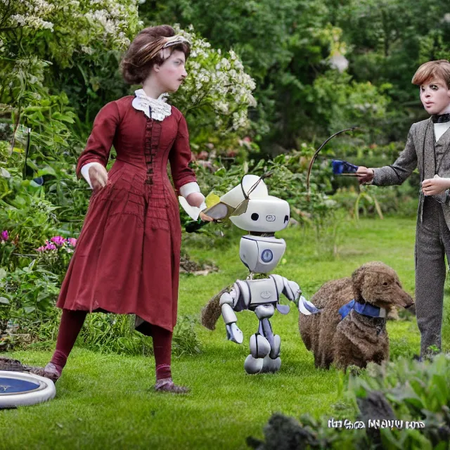 Prompt: detailed, sharp, a boy and a girl playing frisbee with their cute pet humanoid robot, wearing 1860s era clothes, in the garden on a strange planet with strange alien plants and flowers growing, extremely highly detailed, 70 mm action still from a classic period sci fi color movie, 4k, HD, cinematic lighting