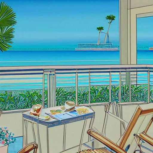 Image similar to a beautiful painting of a sunny day overlooking the beach from a hotel balcony by hiroshi nagai and hirohiko araki, detailed line art