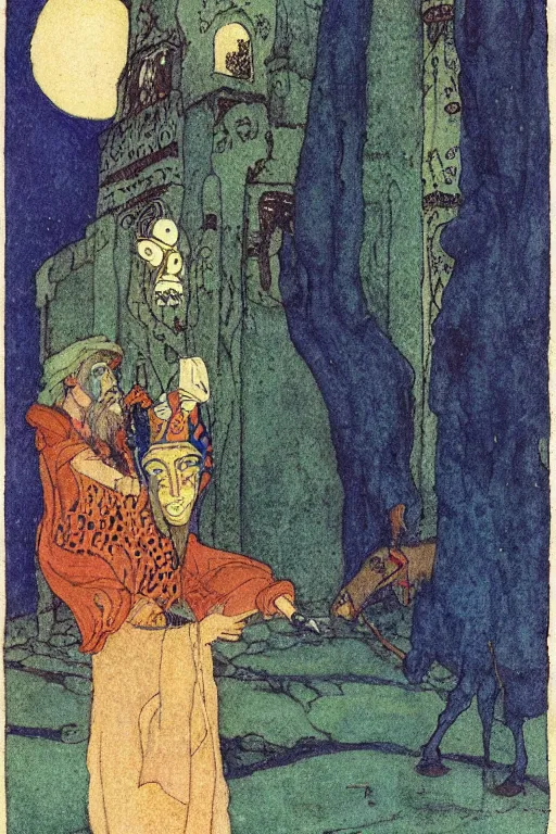 Prompt: illustration by Edmund Dulac showing Samuel Beckett as arabian sorcer, 1001 nights
