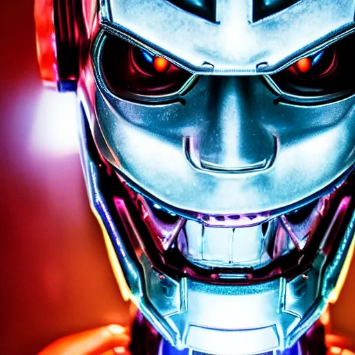 Image similar to portrait of an intimidating glowing scary robot, metal is multicolored, glowing eyes, glowing veins of white, hero, villain, Joker smile, creepy, Ultron