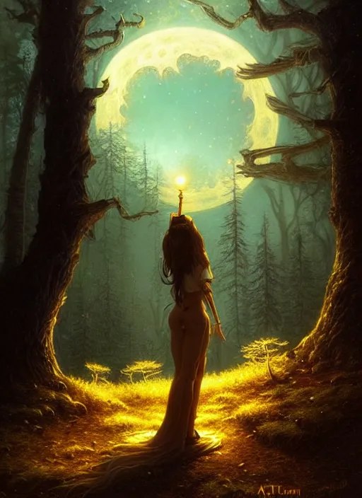 Image similar to fantasy book cover, full moon, fantasy forest landscape, golden elements, fantasy magic, dark light night, intricate, elegant, sharp focus, illustration, highly detailed, digital painting, concept art, matte, art by WLOP and Artgerm and Greg Rutkowski and Albert Bierstadt, masterpiece