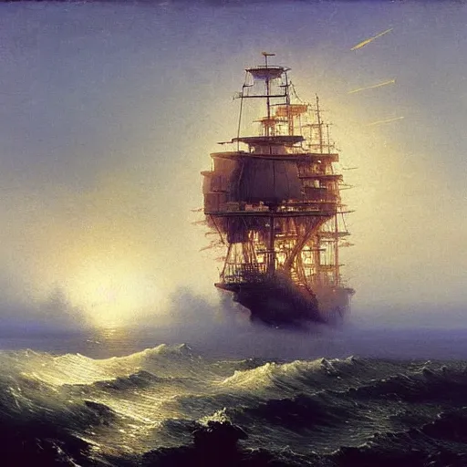 Prompt: massive pirate ship firing cannons by ivan aivazovsky