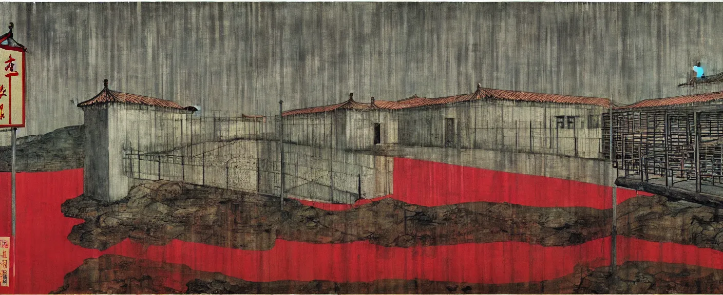 Image similar to a chinese prison near a river by peter doig, muted colors, overlaid with chinese adverts