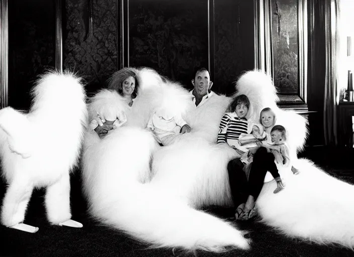 Prompt: realistic documentary photo of the family morphing into a big white fluffy hairy bird, in the wooden and fancy expensive wooden room interior, neutral colors, 1 9 9 0, life magazine reportage photo