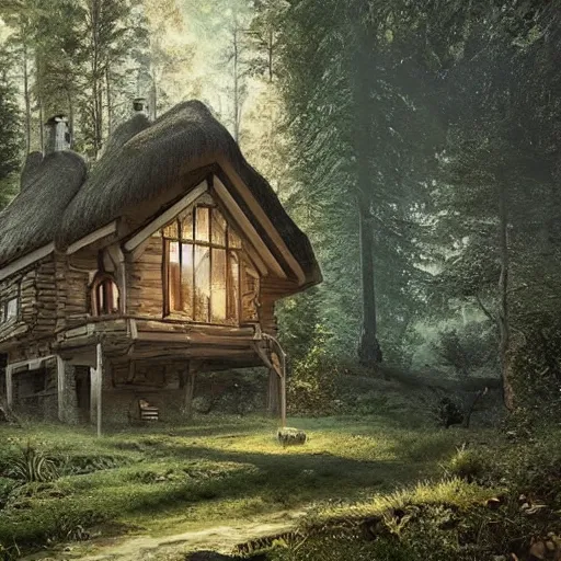 Prompt: Cottage in the Forest, hyperrealistic, detailed, cinematic, photorealism, epic