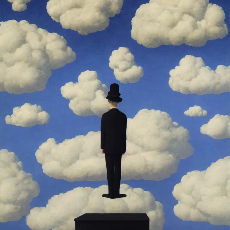 Image similar to cloud - man, by rene magritte, centered, detailed painting, hd, hq, high resolution, high detail, 4 k, 8 k