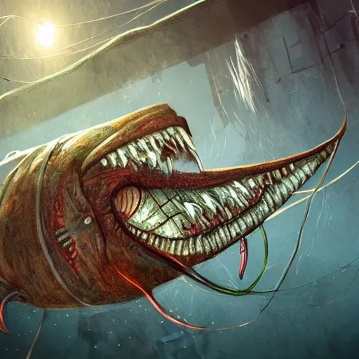 Image similar to Angler fish infected by WAU, Soma game, game concept art, illustration, horror aesthetic, unreal